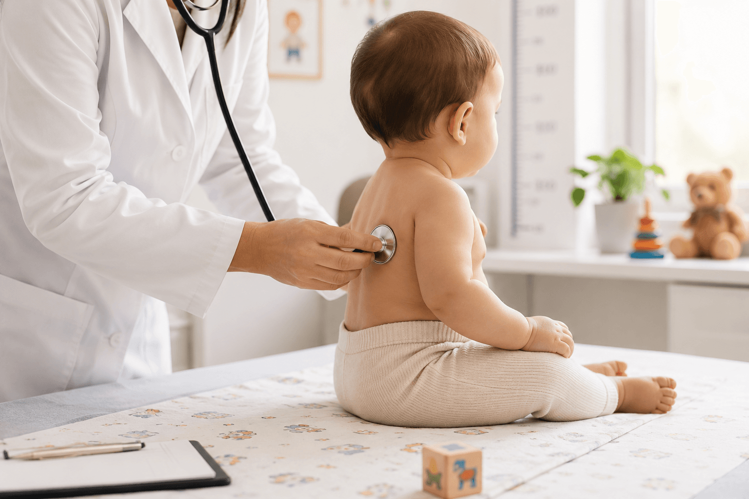 Pediatra ausculta um bebê sentado na maca do consultório.