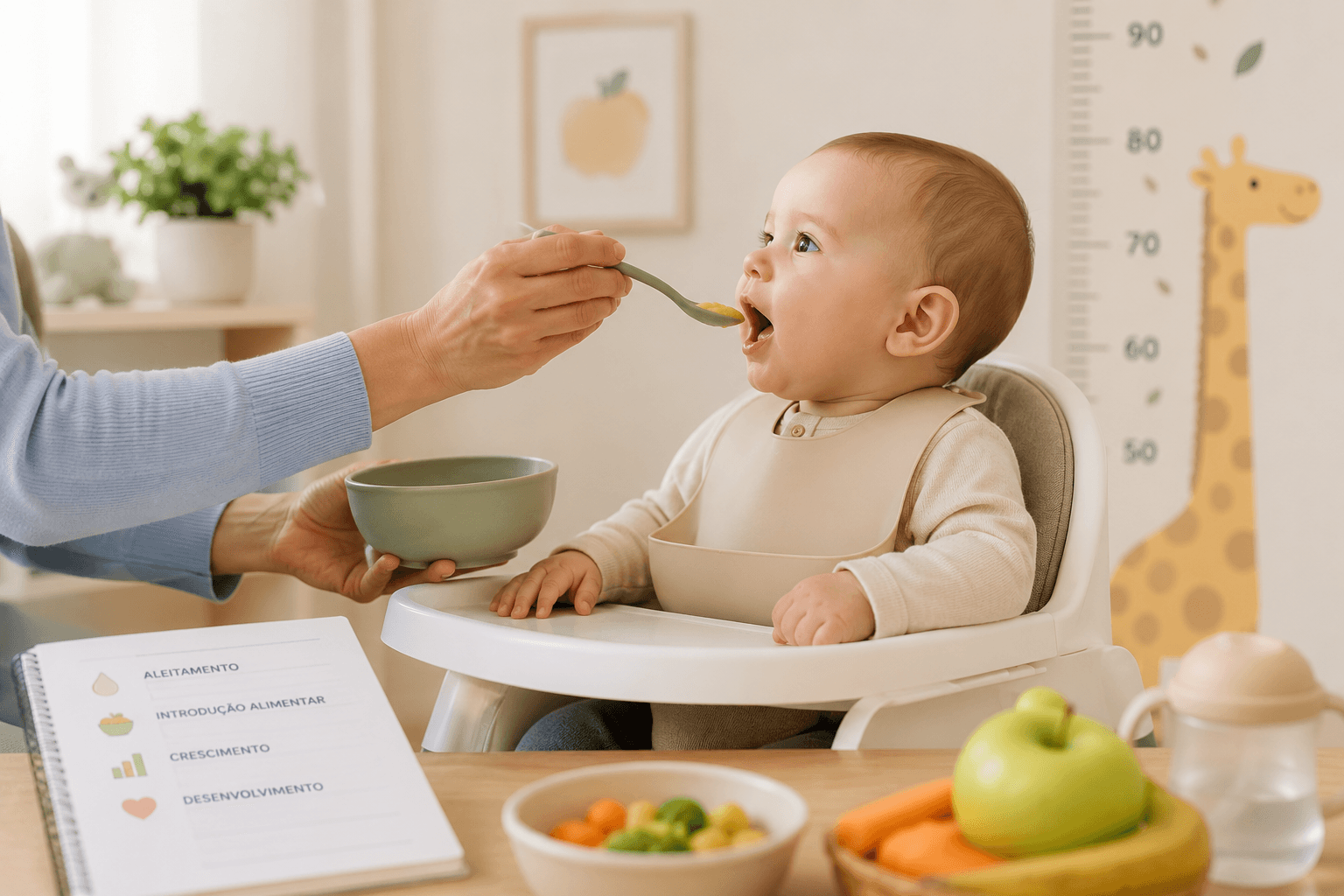Bebê na cadeira de alimentação recebendo uma colherada de papinha.