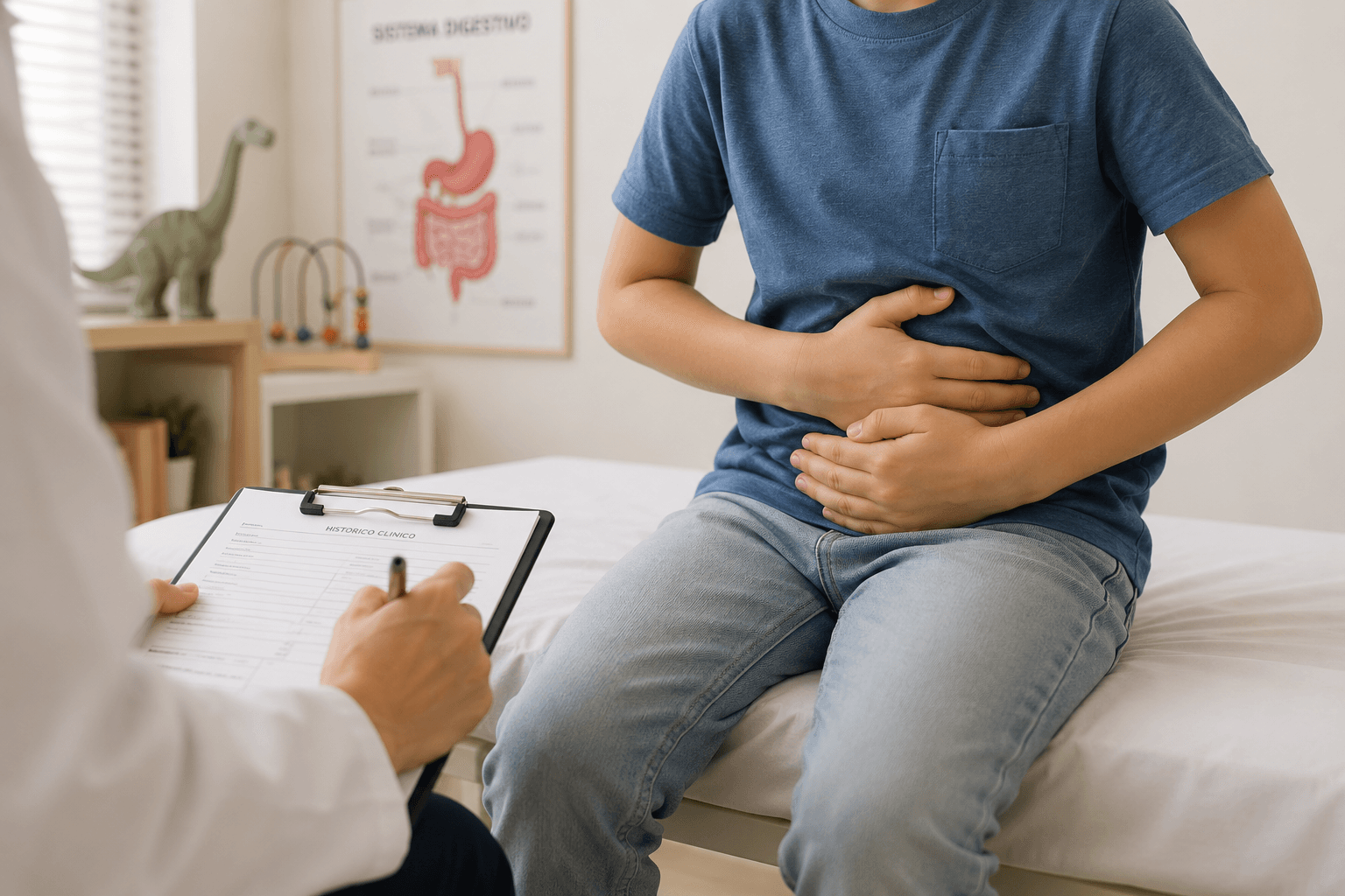 Criança sentada na maca com as mãos sobre a barriga durante a consulta.